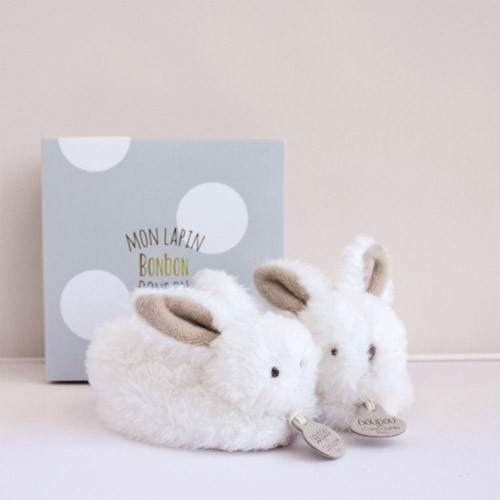 Bonbon Bunny Rattle Booties, Taupe, 0-6 mths