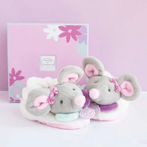 Pearly Mouse Rattle Booties, Pink, 6-12 mths